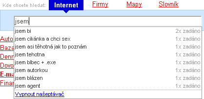 screenshot našeptávače ze Seznam.cz pro slovo „jsem“